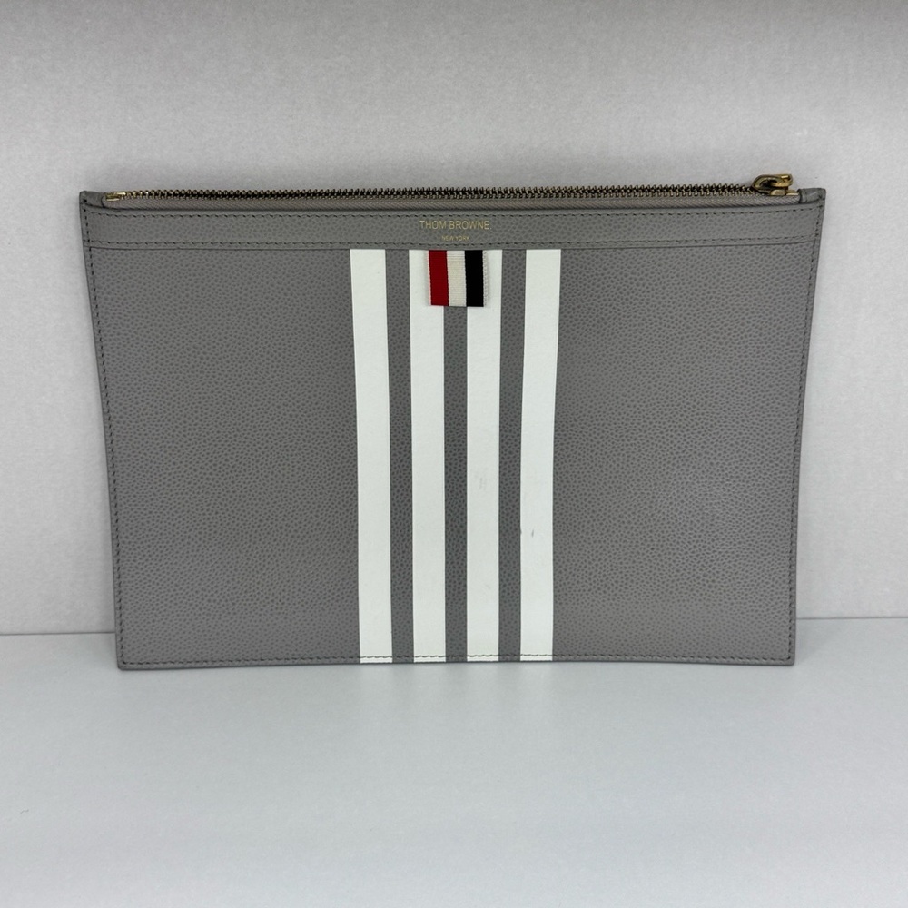 Authentic Thom Browne Gray and White Striped Clutch